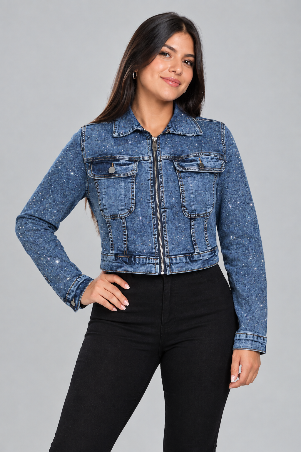Campera Jean Crop con Strass Importada Premium