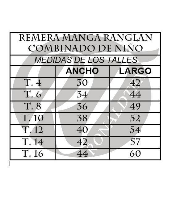 Remera manga ranglan Combinada de Niño medidas de los talles