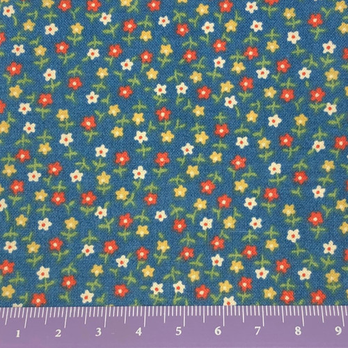 Tiny red, yellow and white daisy’s on blue cotton Dolls House Draper