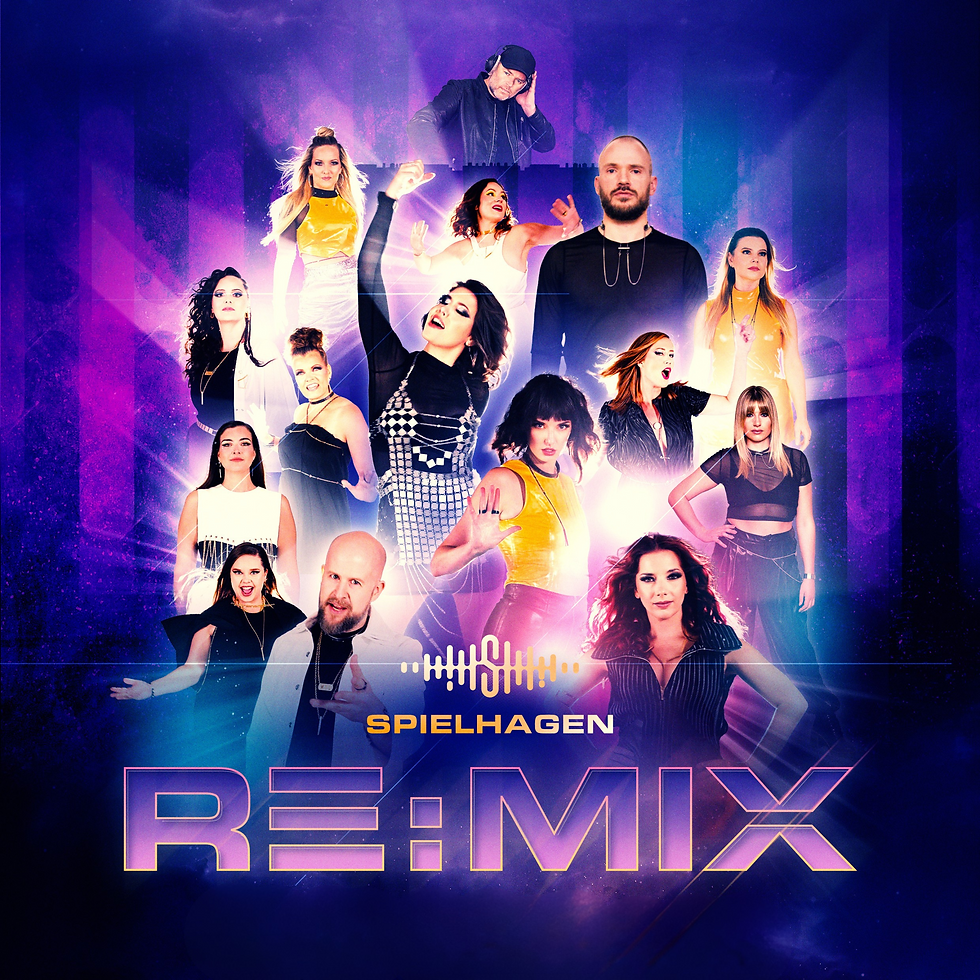 Key Visual zu SPIELHAGEN „RE:MIX“: Collage aus Sängerinnen und Sängern und einem DJ vor neonlila, futuristischem Hintergrund; Schriftzug „RE:MIX“.