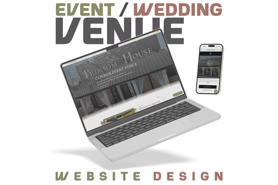 Pixel Pro event venue website design for Blossom House in Conroe TX shown on desktop and mobile.