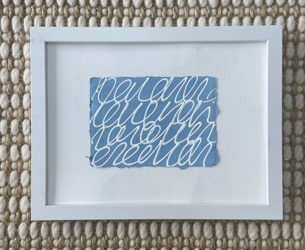 Cursive White on Blue (handmade paper)
