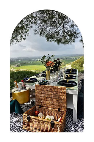 Luxury outdoor pop up picnic setup in Cyprus with elegant decor and gourmet food. Aphrodite Picnic Experience