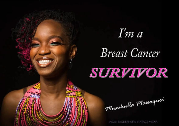 Smiling woman, text: 'I’m a Breast Cancer SURVIVOR'  Musukulla Massaquoi