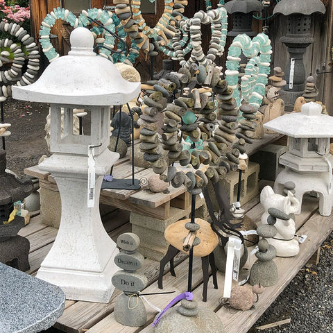 display of outdoor art yard decor at russells garden center Wayland, ma