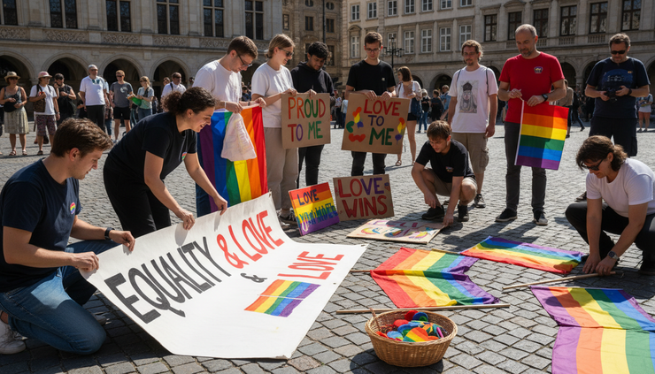Eye-level view of volunteers arranging handmade Pride placards on a pavement before a community march
