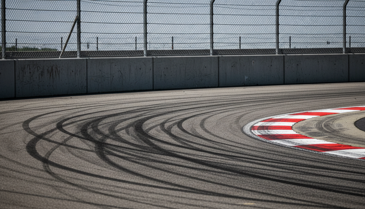 Close-up view of tyre marks near a tight corner on a temporary Madrid race circuit.