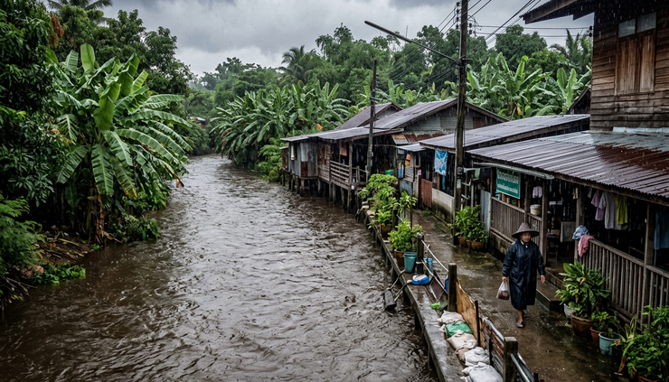 Eye-level view of a swollen canal beside Thai houses during heavy rain