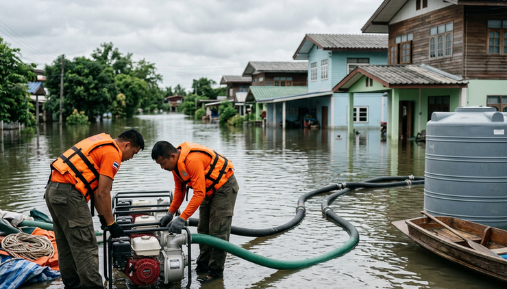 Eye-level view of disaster-response workers preparing water pumps beside a flooded neighbourhood.