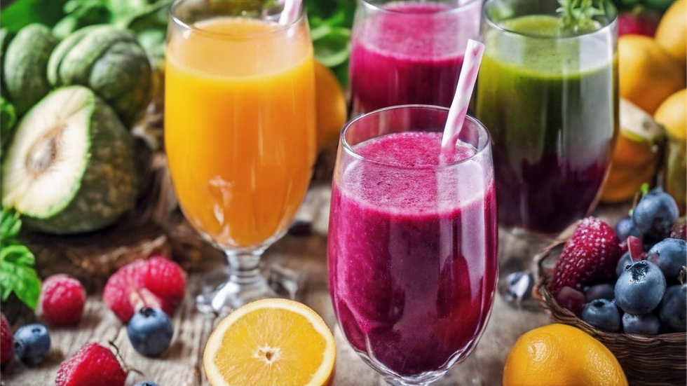 A beautiful arrangement of raw fruits and vegetables—including leafy greens, cucumbers, and citrus—next to a crystal-clear gl
