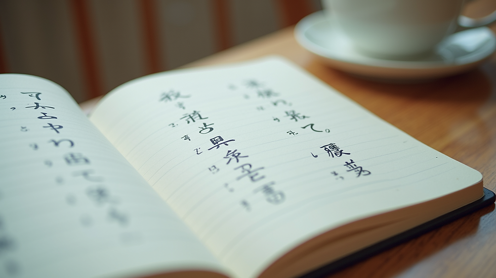 Eye-level view of a notebook with handwritten Japanese grammar notes