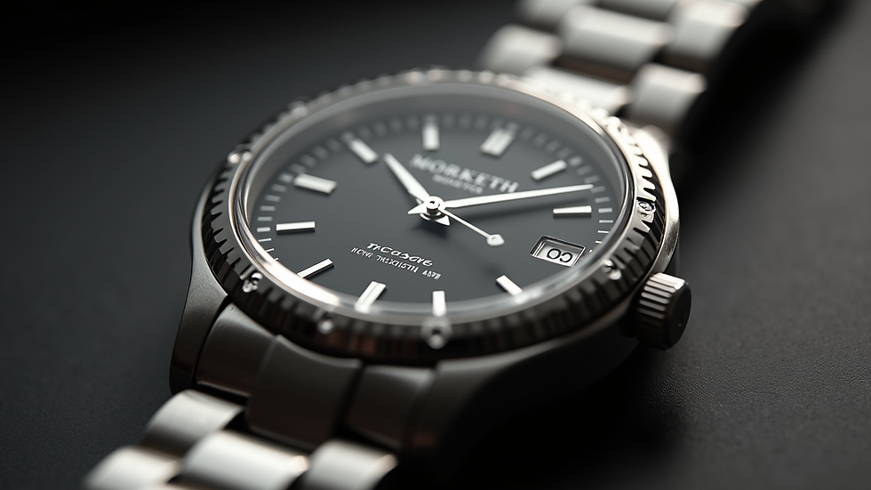 Close-up view of a stainless steel watch with a classic design