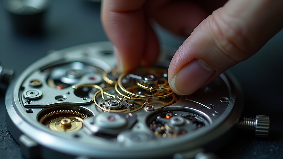 Close-up view of a watchmaker assembling a mechanical watch movement