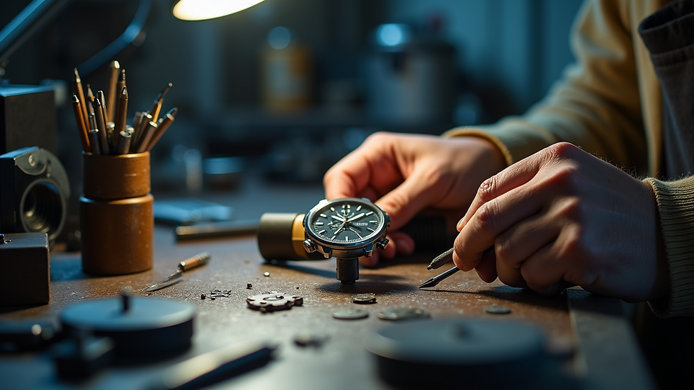 Eye-level view of a watchmaker's workstation with precision tools