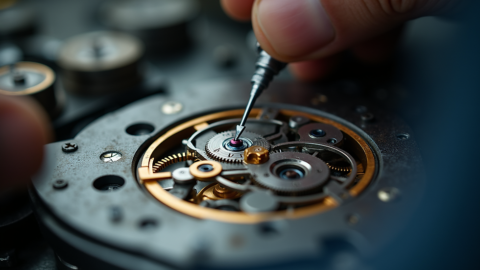 Eye-level view of a watchmaker assembling a custom watch movement