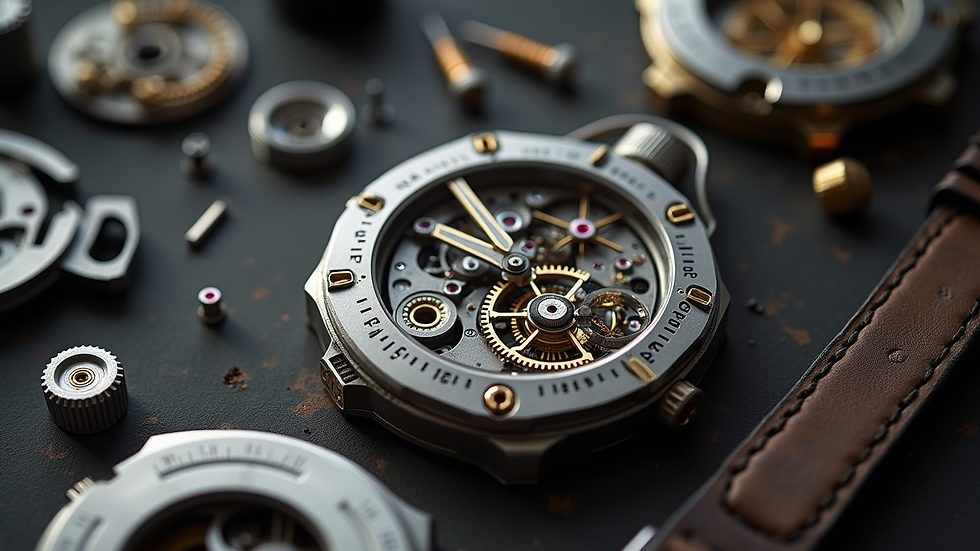 High angle view of watch components laid out for assembly
