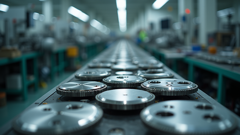 Eye-level view of watch parts assembly line in a manufacturing facility