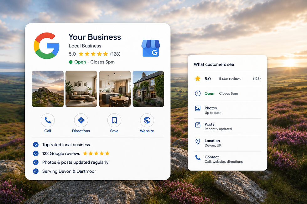Google Business Profile illustration showing business visibility customer reviews and local search enquiries