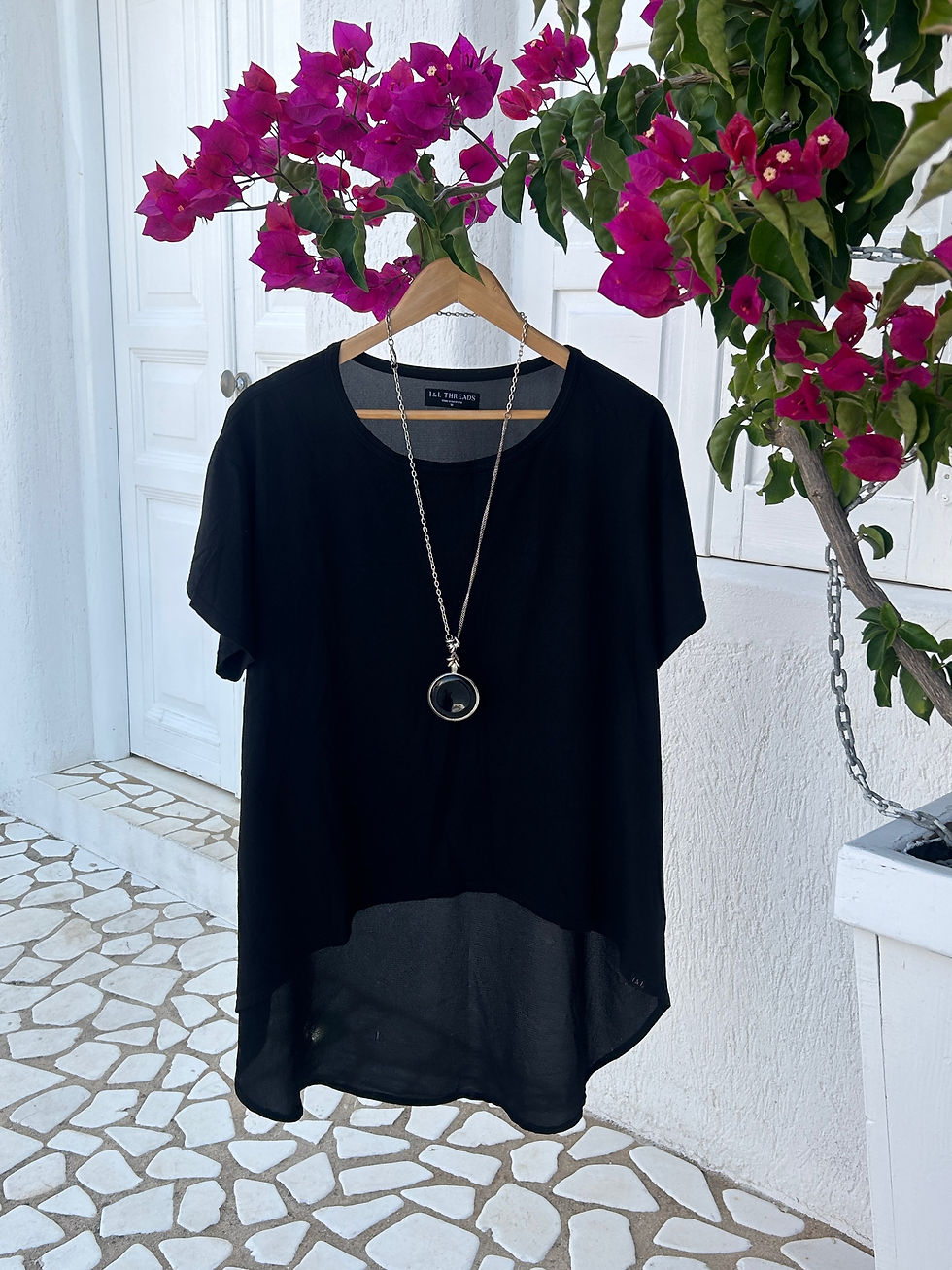 Thumbnail: Shaped hem T-shirt with organic cotton front and sheer back.