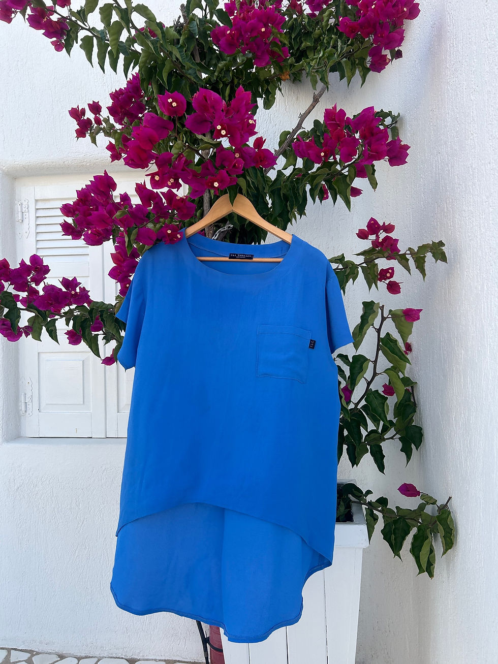 Thumbnail: Shaped hem T-shirt with organic cotton front and sheer back.
