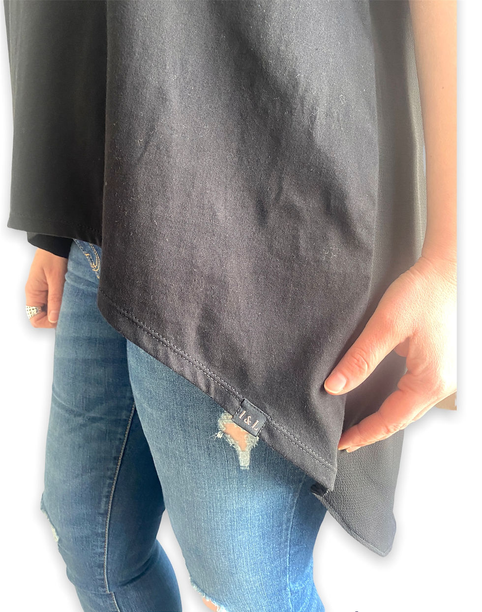 Thumbnail: Shaped hem T-shirt with organic cotton front and sheer back.