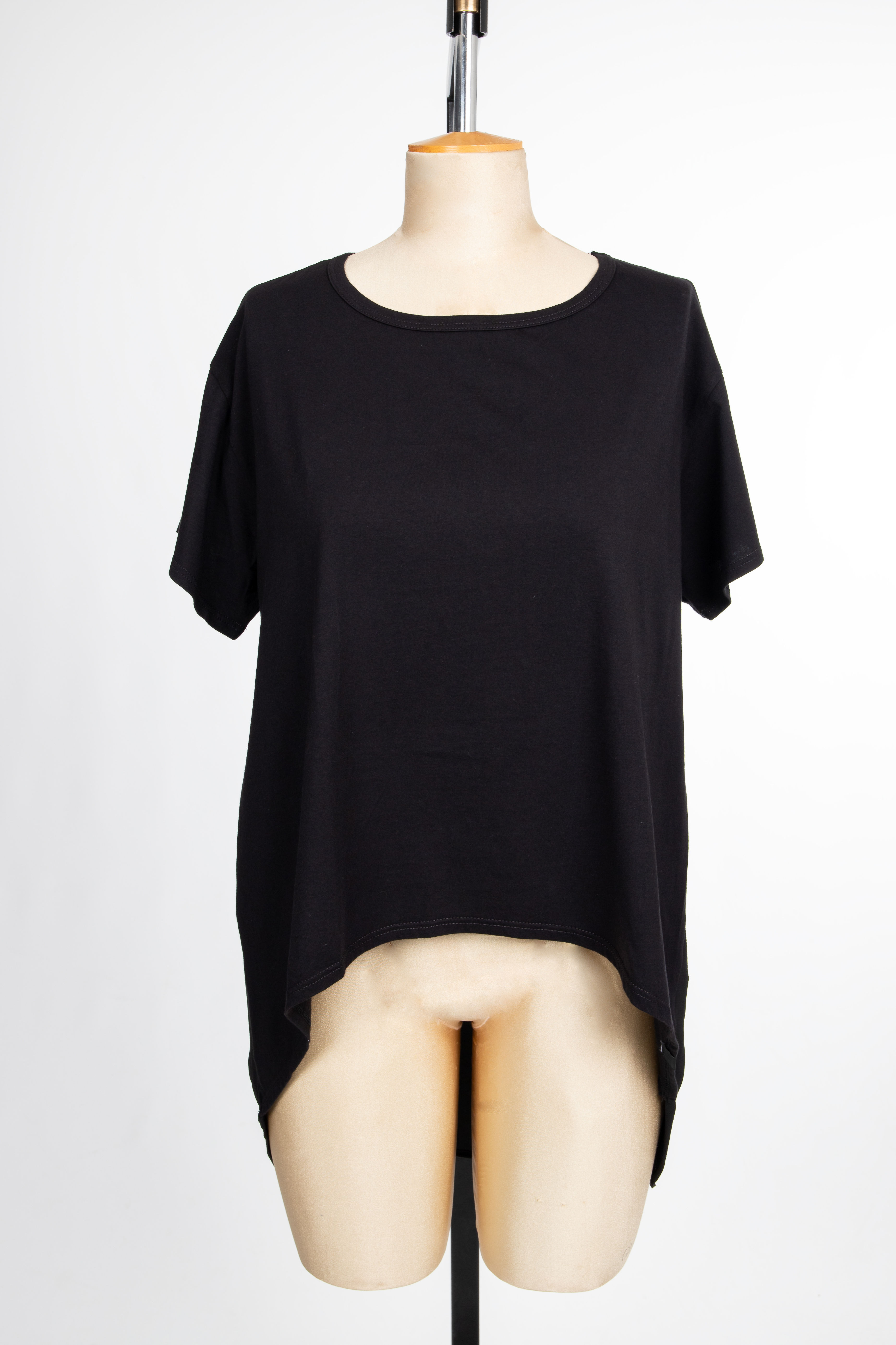 Shaped hem T-shirt with organic cotton front and sheer back.