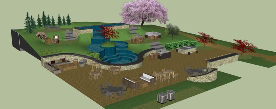 Landscape design plan for outdoor space including patio water feature and planting layout in South Carolina