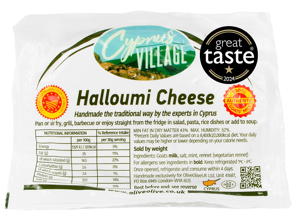 A pack of Cyprus Village Halloumi Cheese with a Great Taste Awards logo