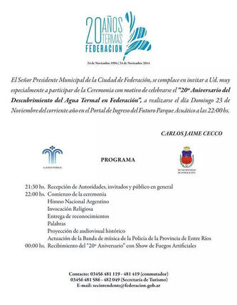 Se conoció el Programa oficial por los 20 años de las Termas.