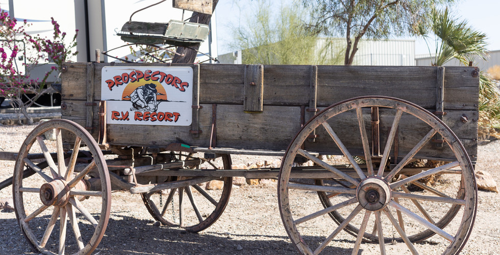 Prospectors RV Resort decorative wagon at park entrance