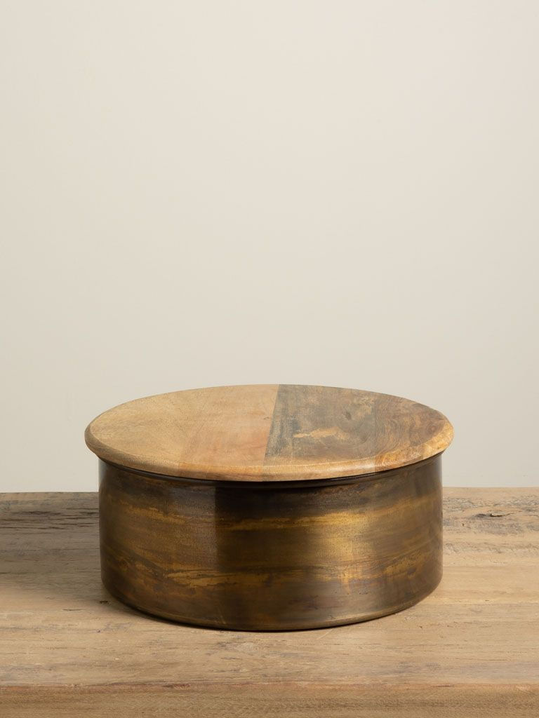 Scatola tonda in metallo acidato e coperchio di legno