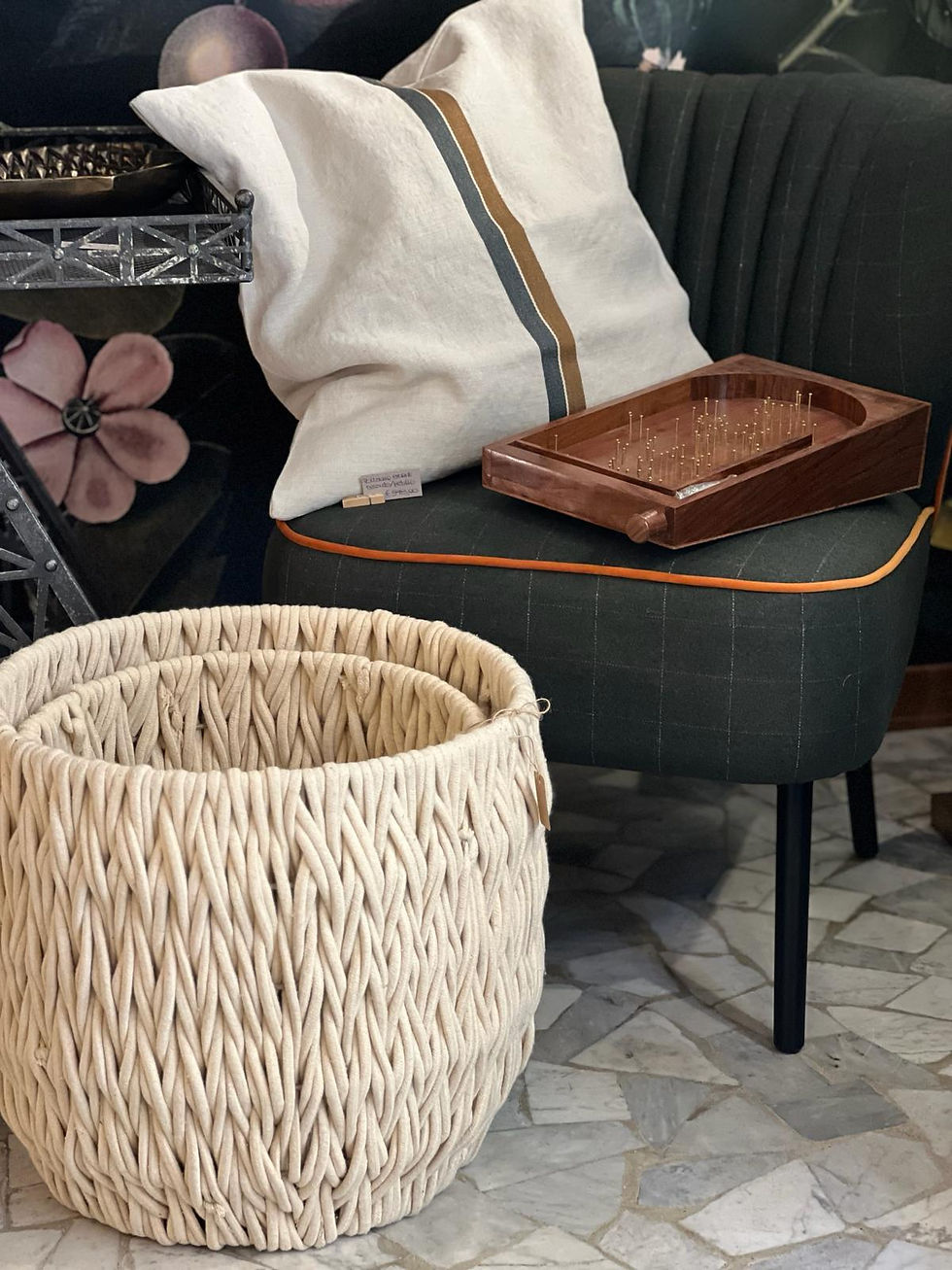 Miniatura: Vaso/cesto in corda di lino beige struttura in metallo Elliot