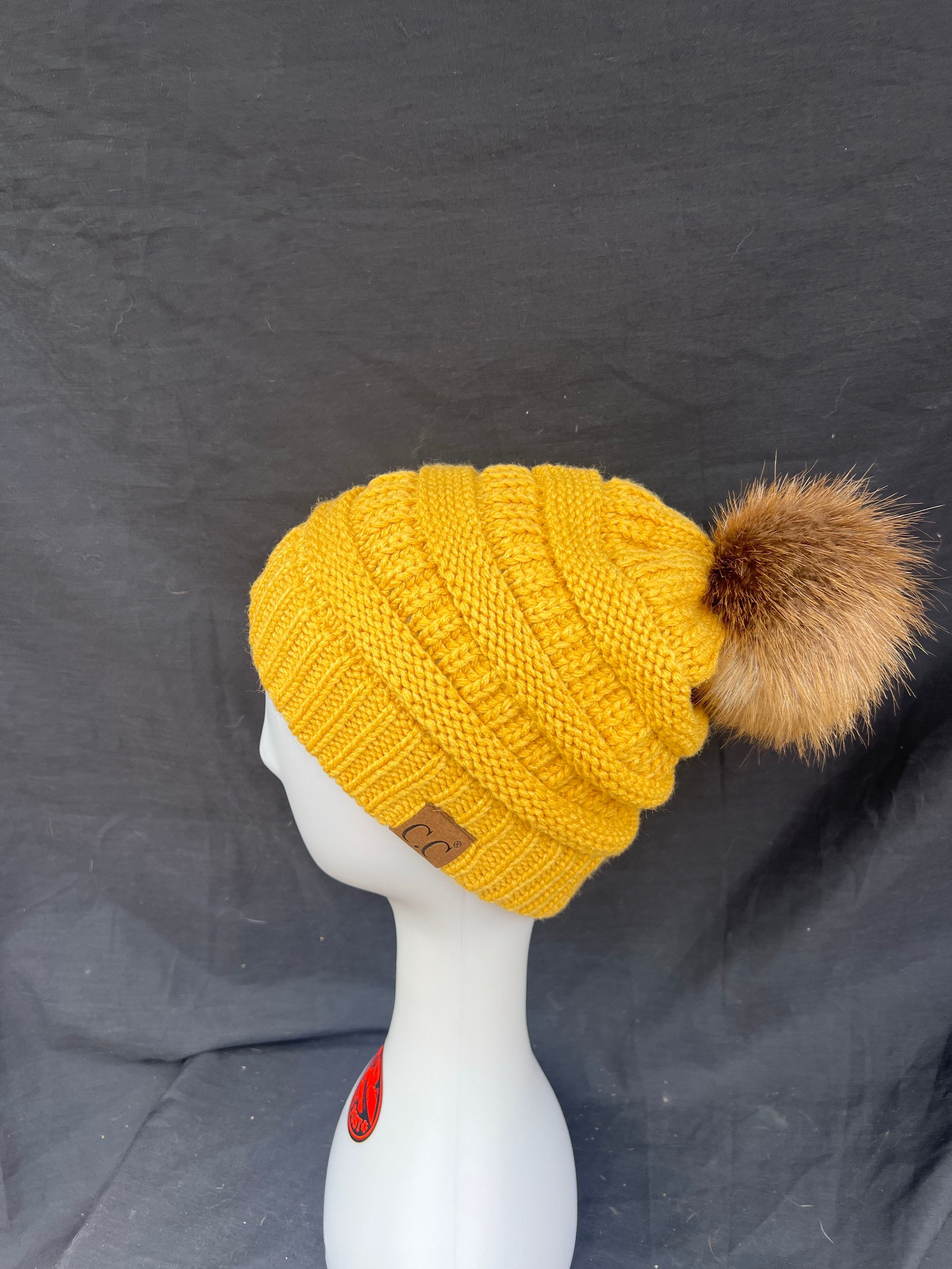 Honey mustard , knit hat with Beaver pompom