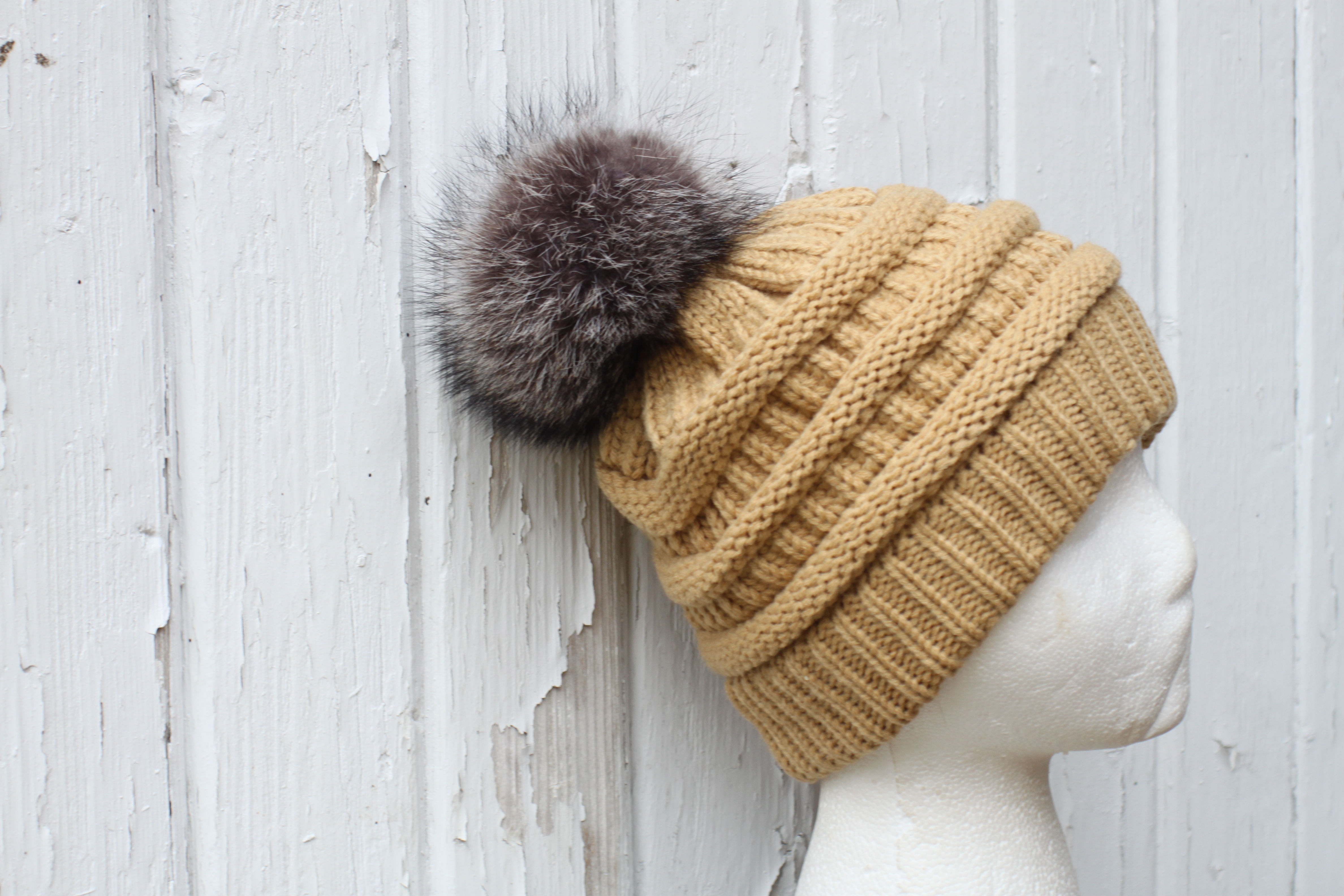 Camel, knit hat with Coon Pompom