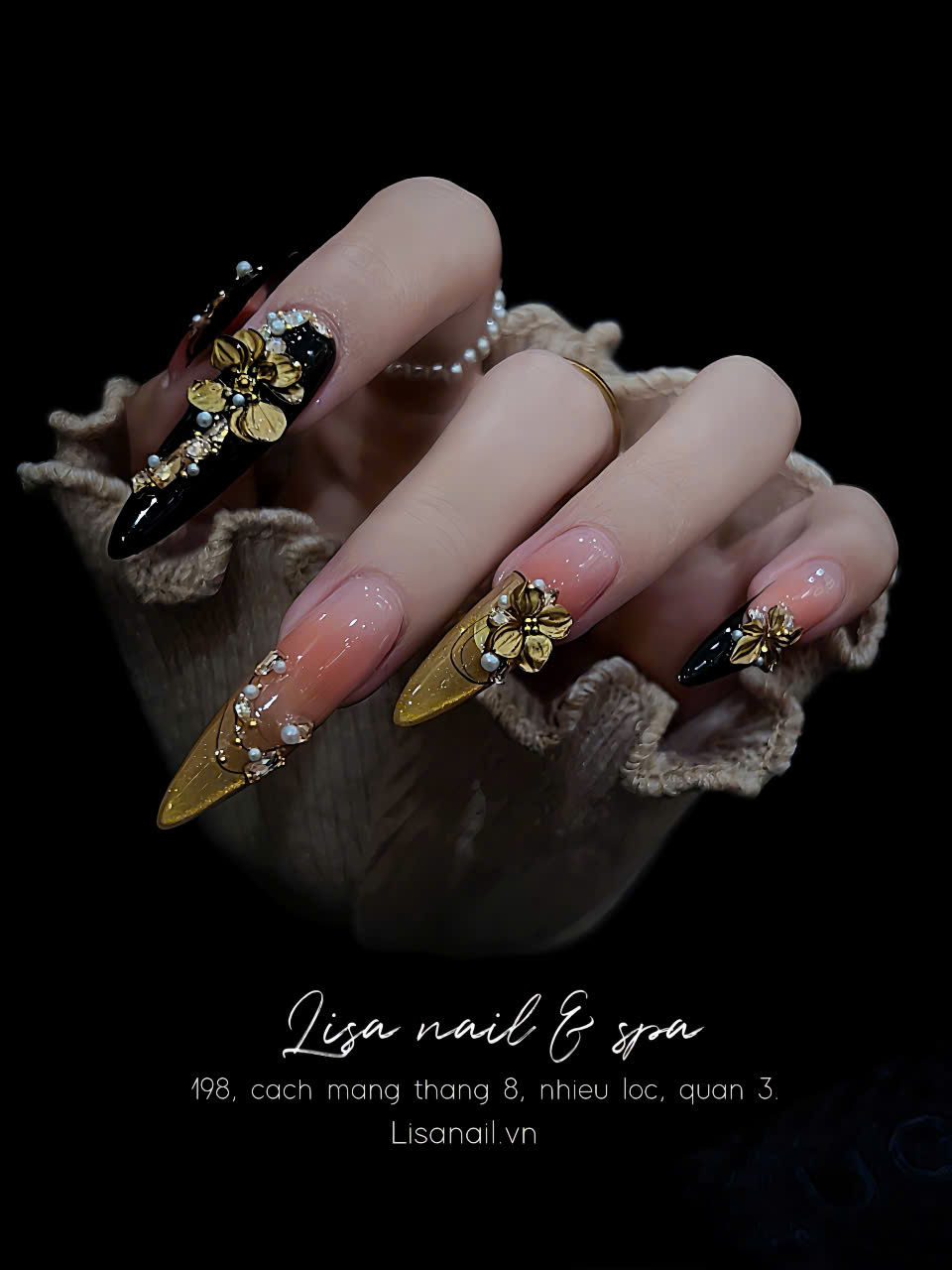 Black & Gold Floral Nail Design