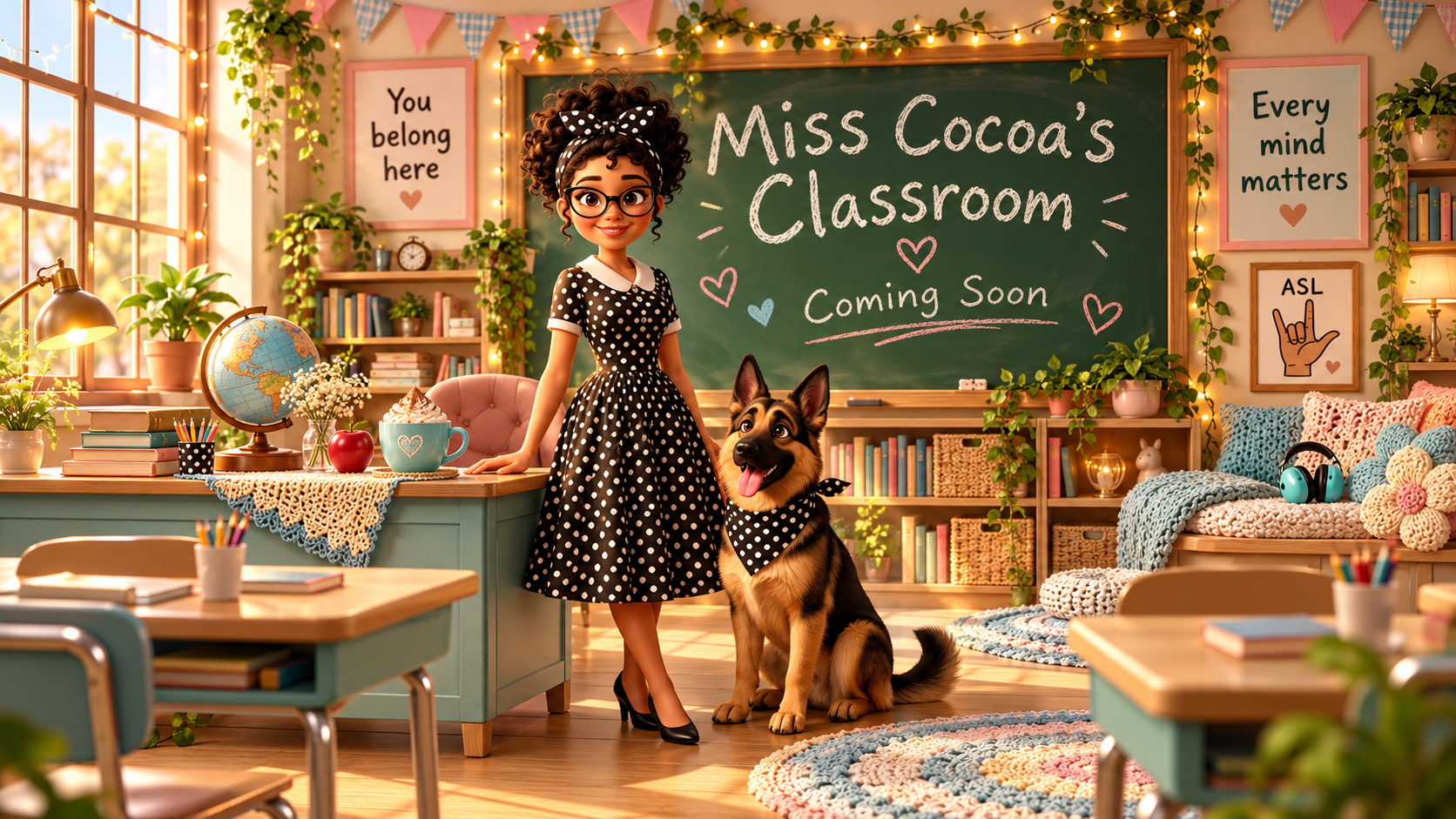 Miss Cocoa and Pajamas welcome you into a whimsical classroom with a red apple, cocoa, crochet cushions, ear defenders, an ASL hand illustration, and wall messages: You belong here and Every mind matters. The chalkboard reads Miss Cocoa’s Classroom — Coming Soon.
