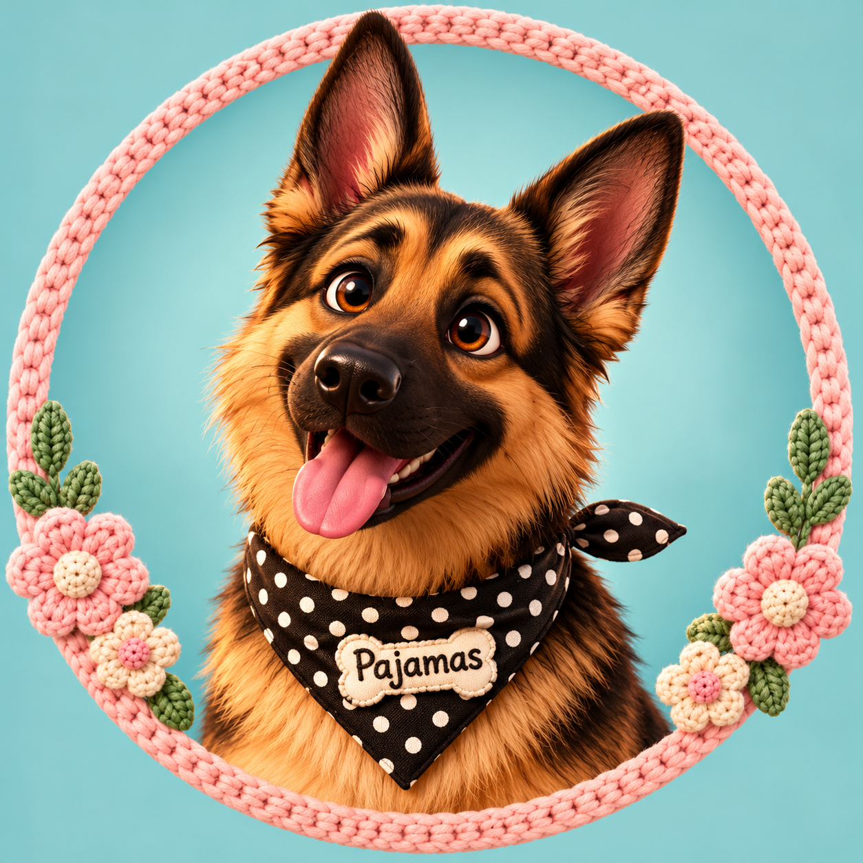 Pajamas, a friendly black-and-tan German Shepherd with a polka-dot bandana and a name tag reading Pajamas, framed by pink crochet flowers.