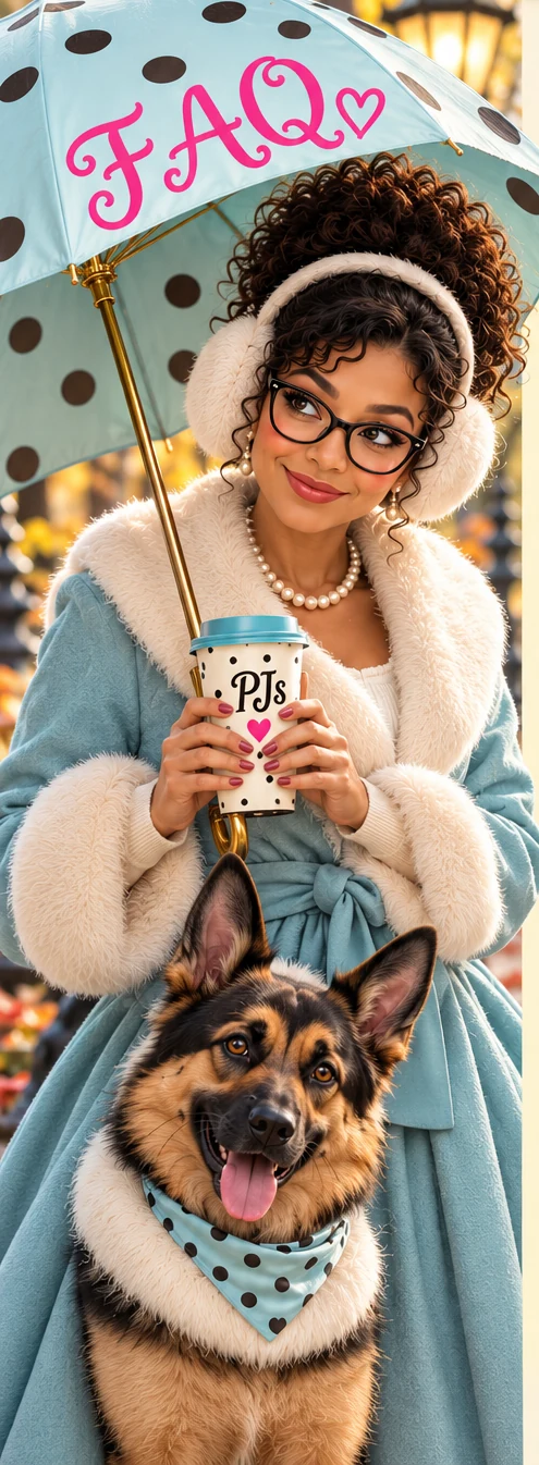 Miss Cocoa wearing white fluffy earmuffs, a pearl necklace, and a pale-teal winter coat, with both hands and fingers naturally wrapped around her PJs cocoa mug beneath a polka-dot FAQ umbrella. Pajamas, a German Shepherd without earmuffs, wears a teal bandana and a white fur neck cowl.