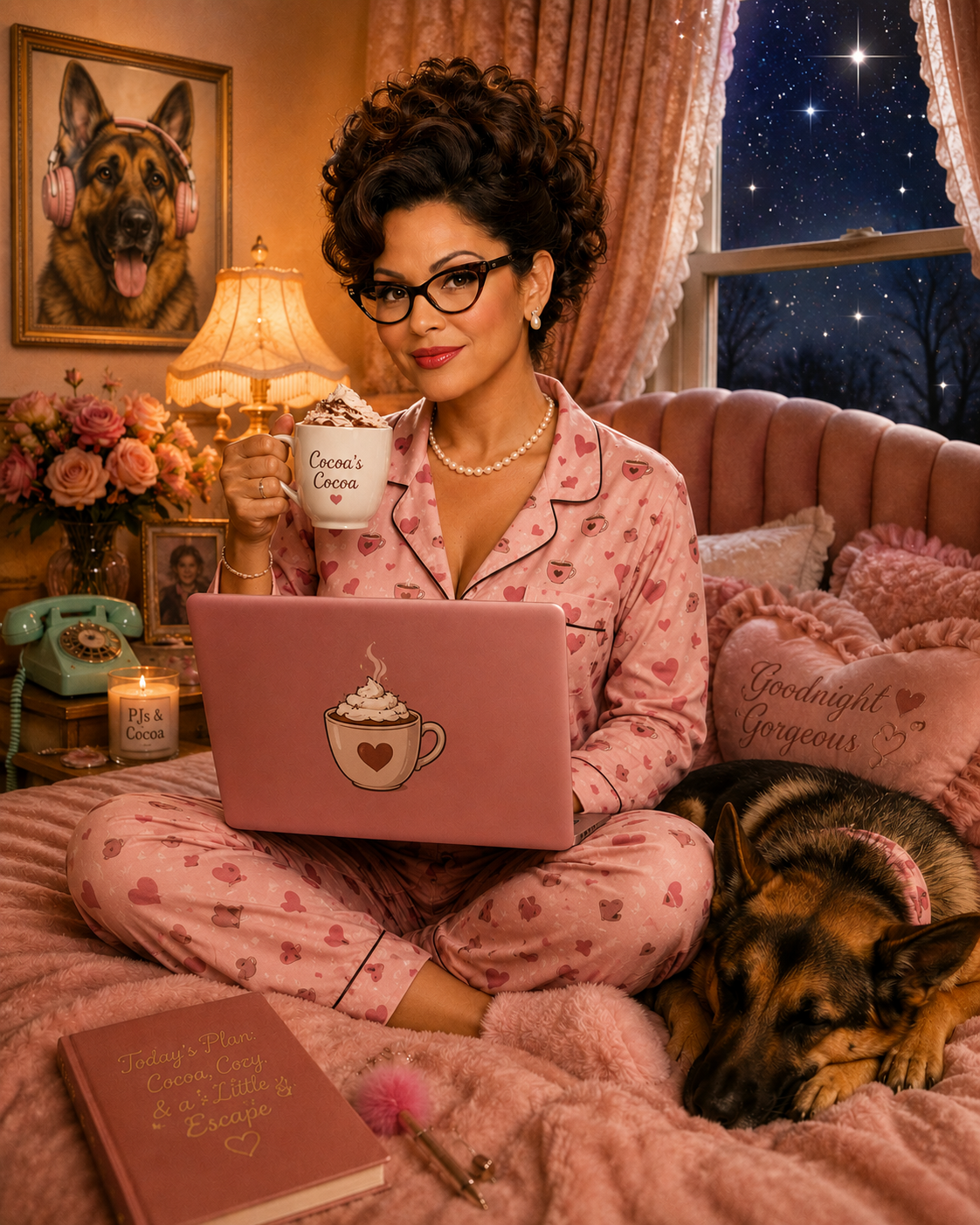 Miss Cocoa with her laptop and cocoa in a cozy pink room, with Pajamas resting beside her.