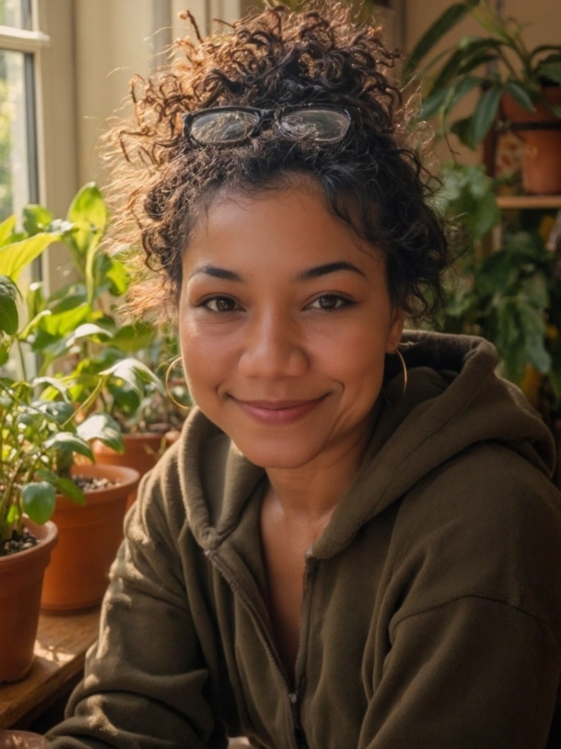 PJ smiling in a sunlit room with her curly hair up and glasses resting on her head.