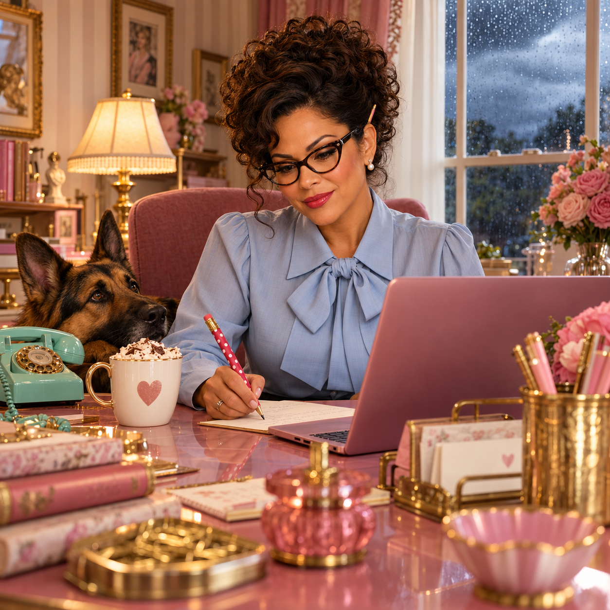Miss Cocoa listens thoughtfully at her pink laptop while writing with a red polka-dot pencil. Pajamas peeks over the whimsical desk beside a teal telephone and whipped-cream cocoa, with rain outside the window.