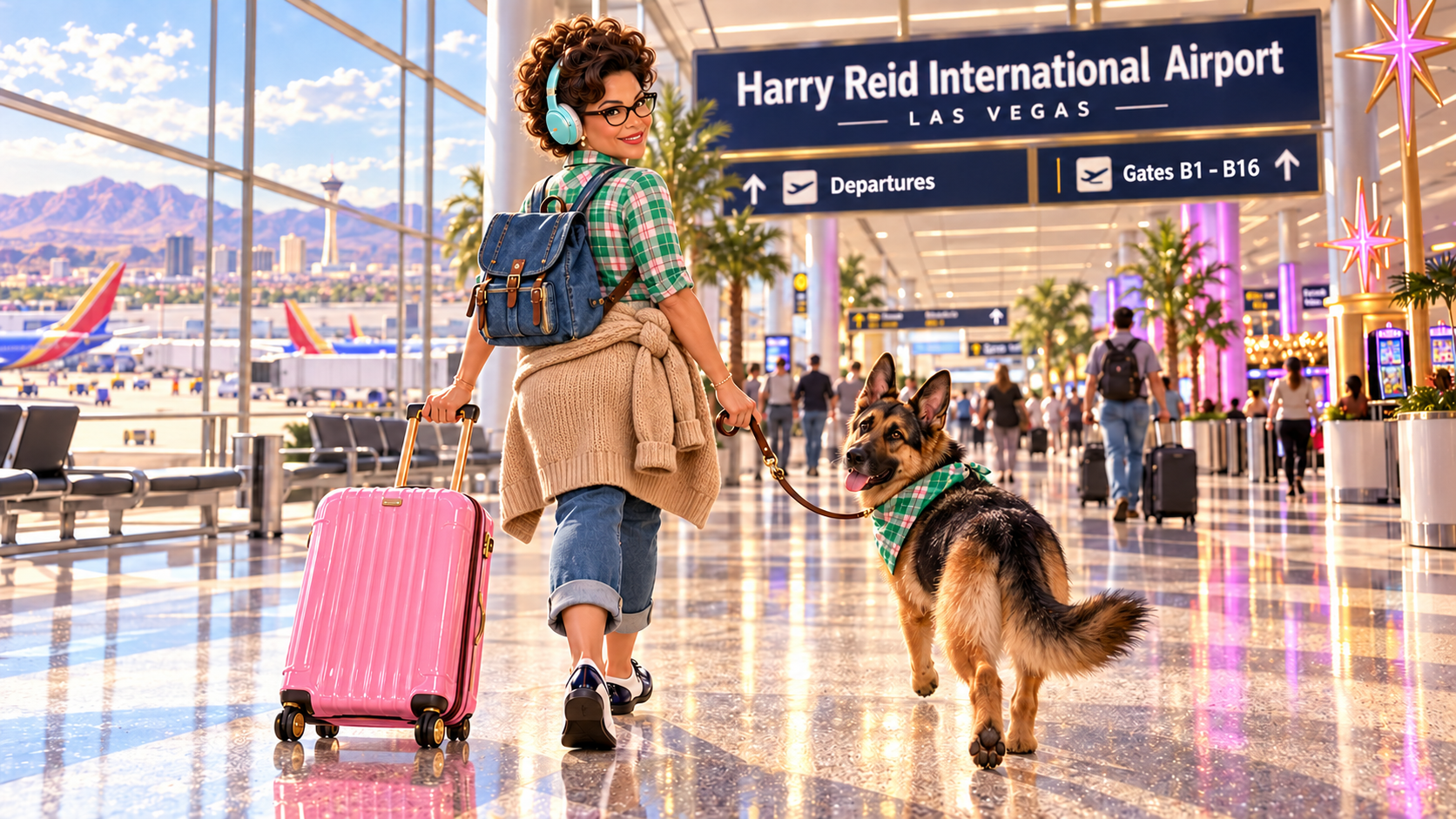 Miss Cocoa looks back with a smile as she and Pajamas walk through an imagined Harry Reid International Airport in Las Vegas. She wears blue headphones, a green plaid shirt, a loose tan sweater tied around her waist and covering her hips, cropped jeans, black-and-white saddle shoes and a denim backpack, and pulls a shiny pink carry-on. Pajamas wears a matching green plaid bandana.