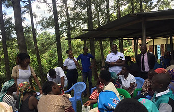 Group meeting outdoors under trees