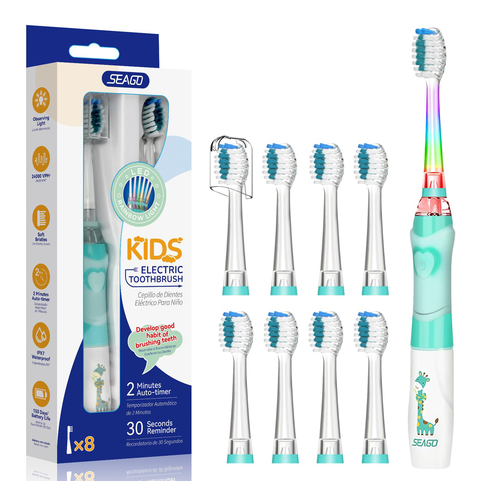 Kids Electric Toothbrush with Timer LED Rainbow Light 4 Brush Heads Sonic Green