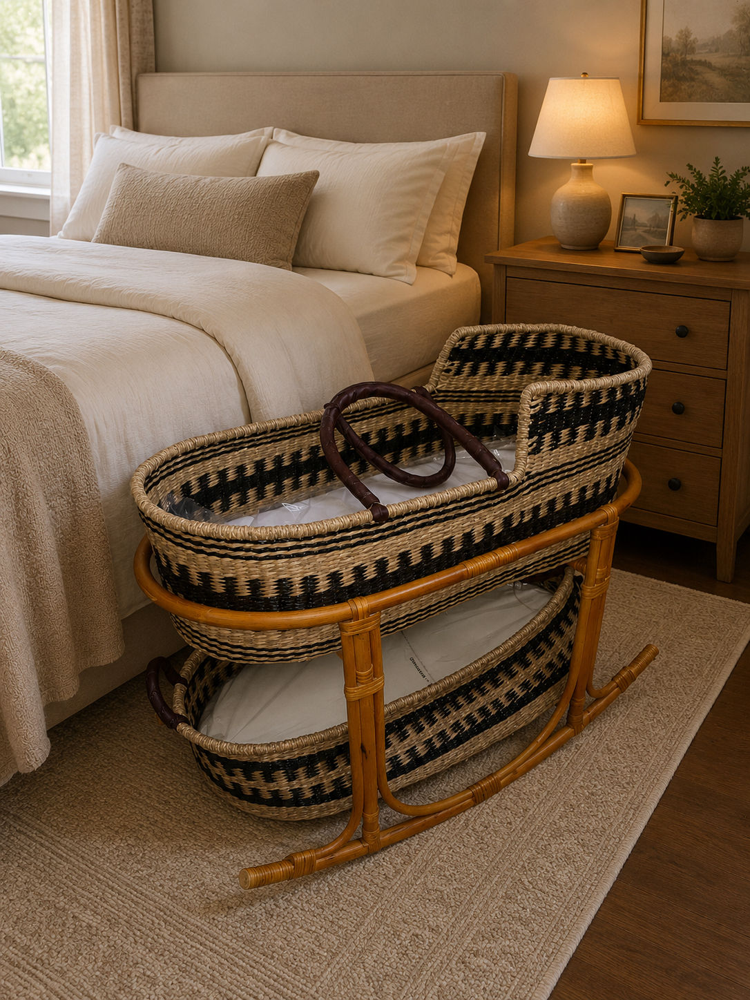 Moses Basket + Changing Basket + Rocking Stand + Brown + Mattress - Black Patter