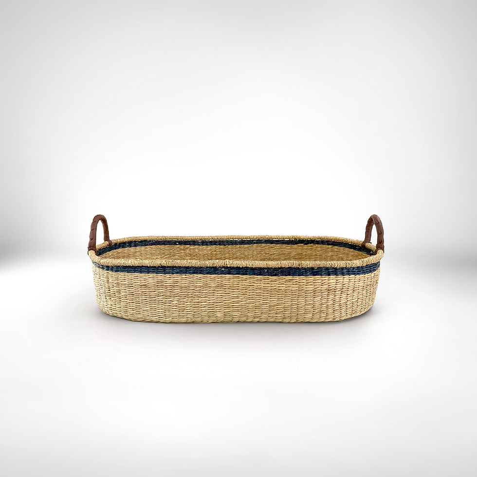 Thumbnail: Moses Changing Basket - Brown Leather Handles with Mattress - Blue Stripe