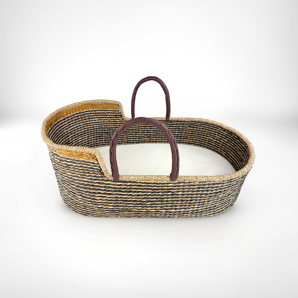 Thumbnail: Moses Basket - Brown Leather Handles with Mattress - Black Stripes