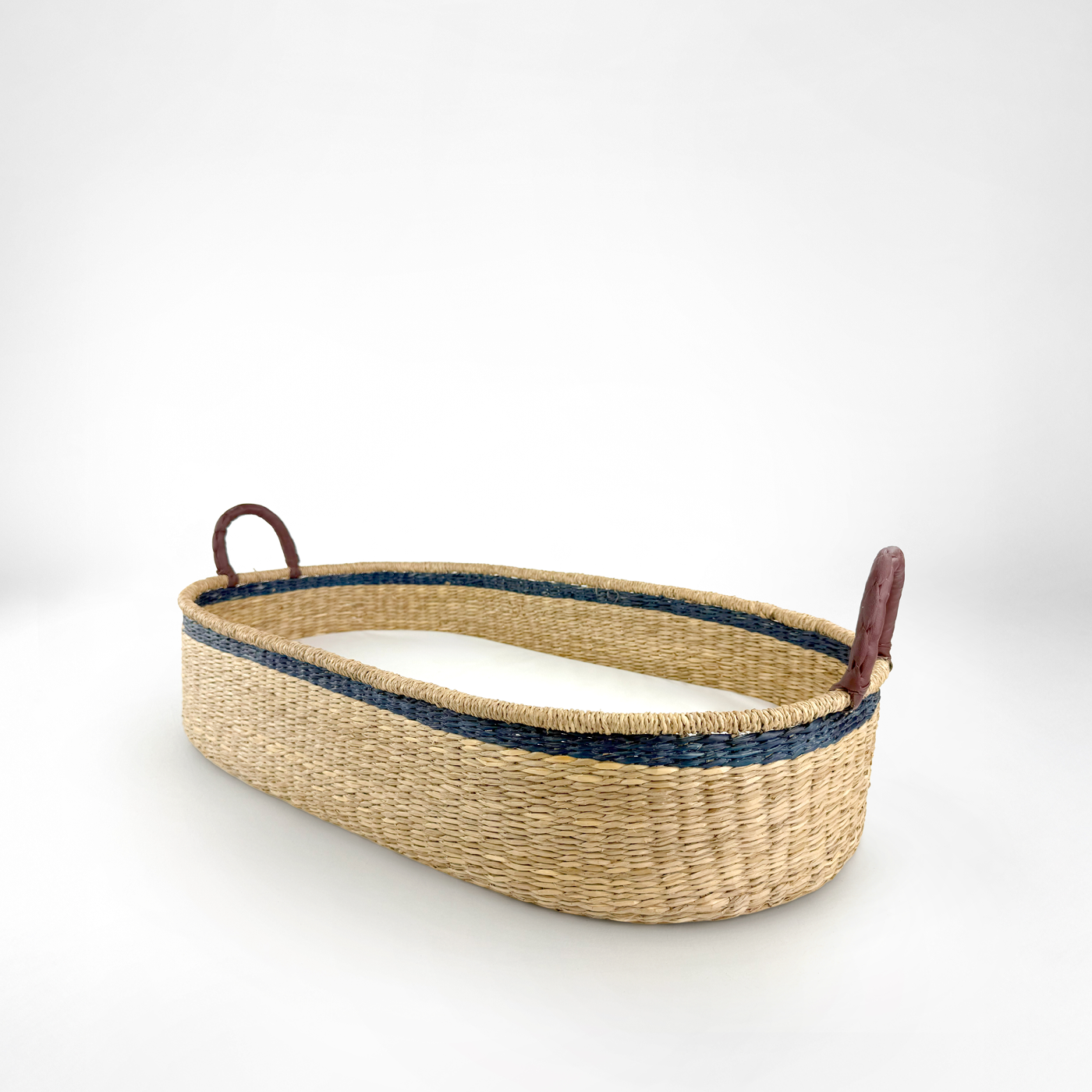 Moses Changing Basket - Brown Leather Handles with Mattress - Blue Stripe