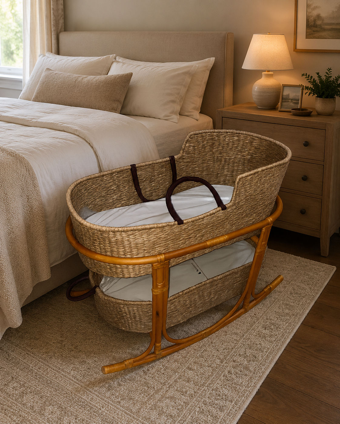 Moses Basket with Changing Basket + Rocking Stand + Brown + Mattress - Plain
