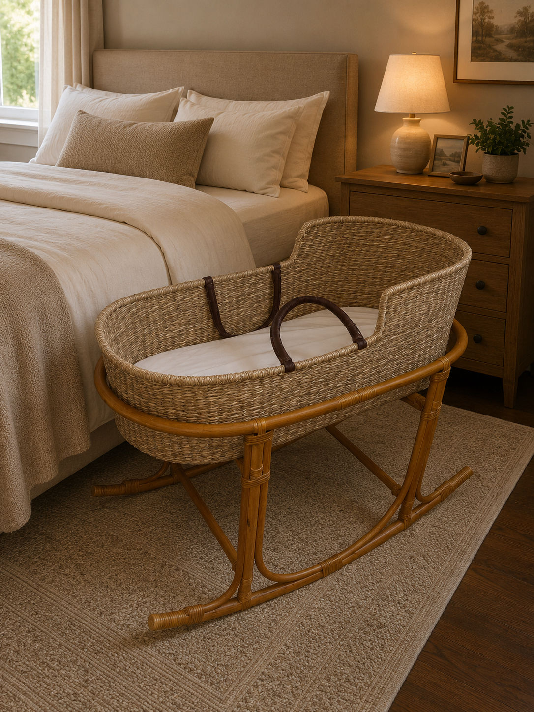 Moses Basket with Rocking Stand - Brown Leather Handles Mattress - Plain